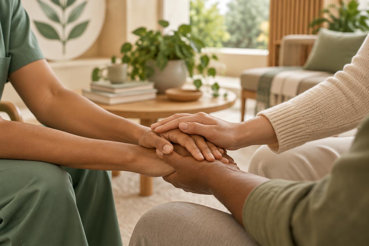 Supportive hands joined together in a calm, plant-filled space
